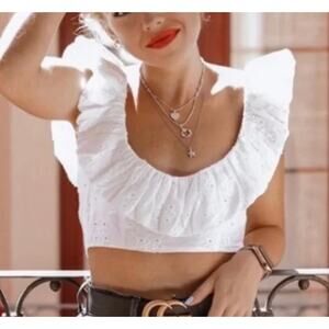 ZARA | White Eyelet Ruffle Neck Smocked Back Crop Top | Size Small